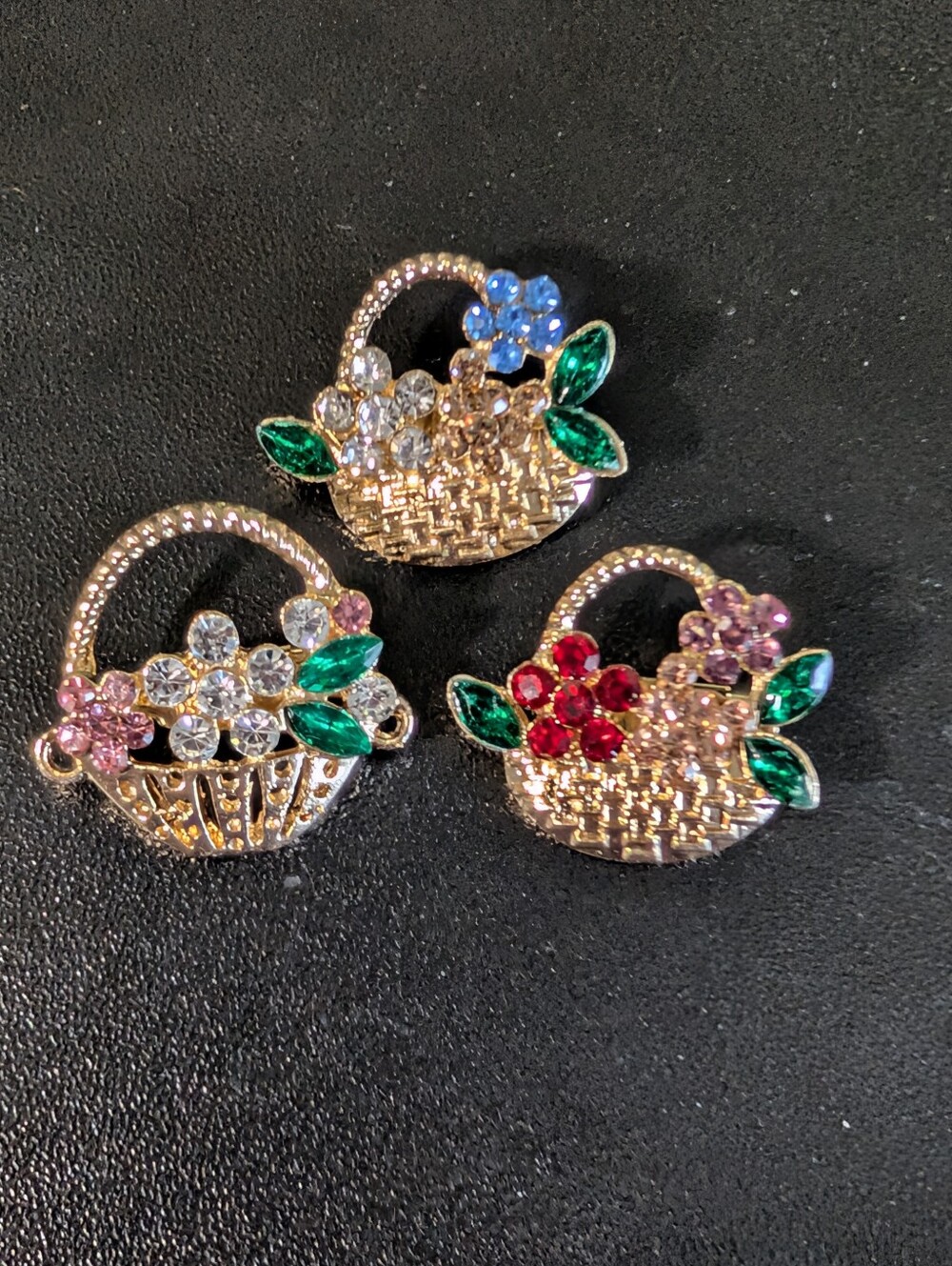 Gold Flower Basket Pins with Multi-Colored Crystals